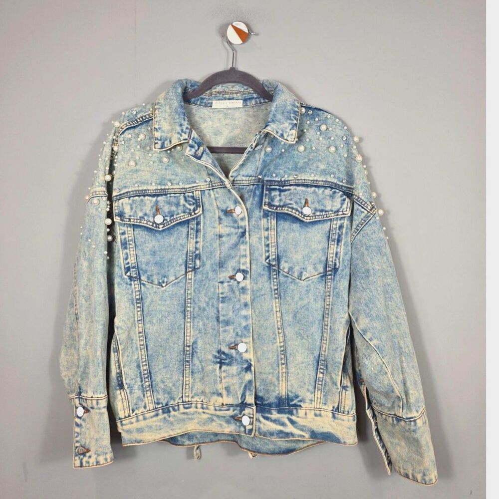 Stitch + Feather Pearl Rhinestone Embellished Denim Jacket Bridal Cowgirl MD